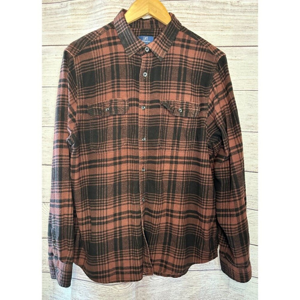 George Mens Flannel Shirt XL 46-48 Reddish Brown Black Plaid Brushed Soft